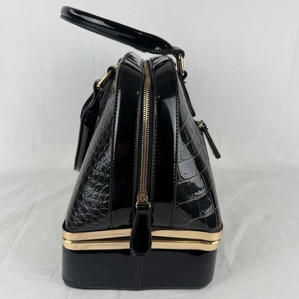 Black Patent Croc Embossed Satchel Handbag Gold Hardware Dual Compartment Bag